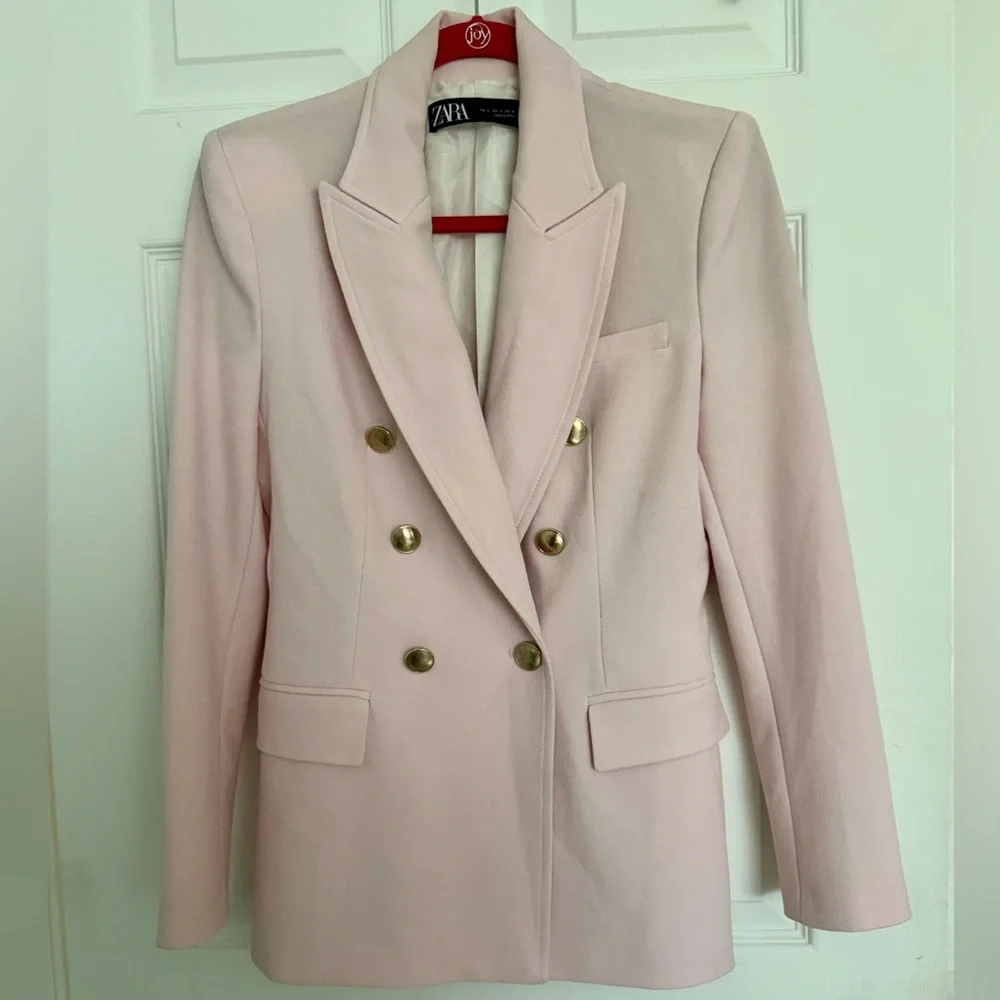 Zara Light Pink Double-Breasted Blazer Small Golden Buttons Tailored Chic - Picture 6 of 17